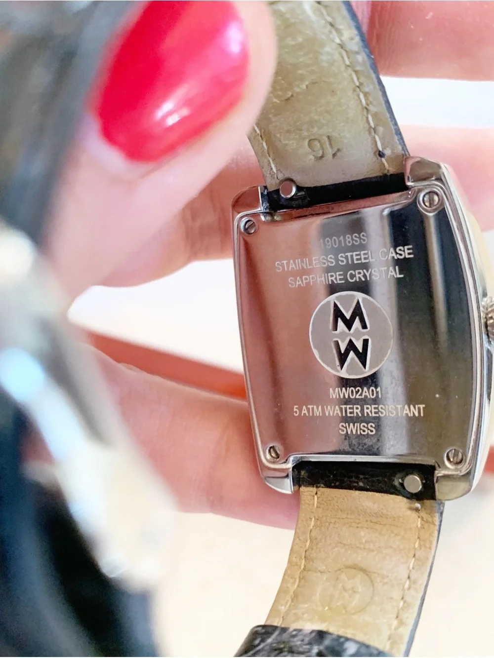 Michele Silver Crystal-Trim Watch with Black Leather Strap